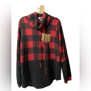 New Red and Black Plaid Cowl NeckvHoodie with Gold Pocket size 3X ☃️ BC BAG 05